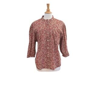 Lee Cotton Red Floral Short Sleeve Button Down Blouse, Band Collar Size L